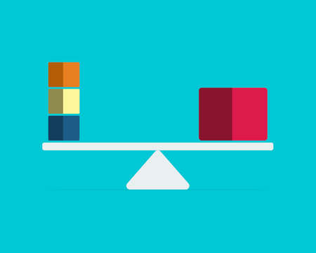Uniqueness, balance, leadership and competition concept. Red box and three ones on seesaw weight scale in equilibrium. Flat design. vector illustrationのイラスト素材