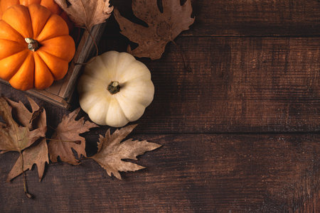 Top view of autumn leaves and mini pumpkins on wooden backgroundの写真素材
