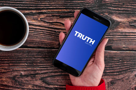 Antalya, Turkey - February 21, 2022: Donald Trump social media app Truth Social logo on smartphoneのeditorial素材