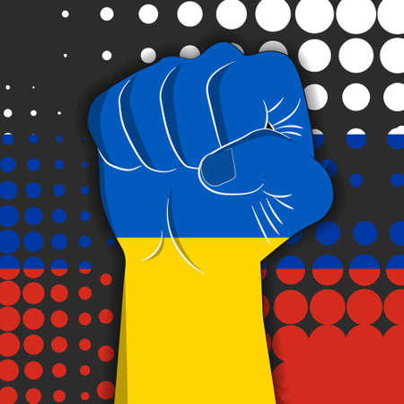 Ukraine VS Russia, fisted hand with ukrainian flag in front of russian flag, conflict between russia and ukraine, vector illustrationのイラスト素材