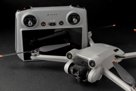 Antalya, Turkey - September 15, 2022: Mini 3 Pro drone of Dji brand with Vertical camera on dark...