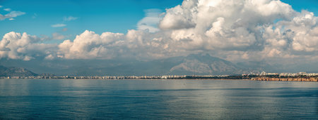 Aerial panoramic view of Antalya Turkey on a clear cloudy sunriseの写真素材