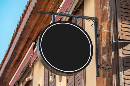 Blank signboard mockup hanging on the wall of the store in the streetの写真素材