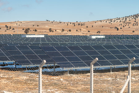 Solar field with fenced solar panels at sunset