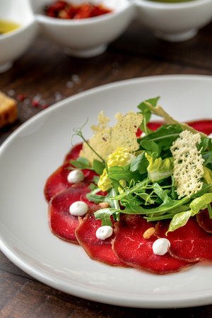 Carpaccio di Manzo. Carpaccio with veal, pesto sauce and Parmesan tuileの写真素材