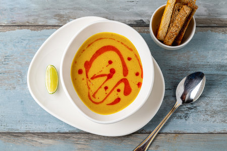 Strained lentil soup on a white porcelain plateの写真素材
