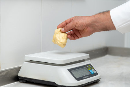 Cook weighing hamburger bun dough on scale on marble counterの写真素材