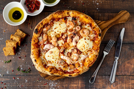 Italian pizza with shrimp and mozzarella on a cutting boardの写真素材