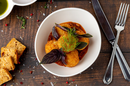 Homemade Fried Sicilian Arancini stuffed with meat, with tomato sauce