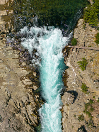 Aerial drone shot of Koprucay river from Koprulu Canyon in Manavgat, Antalya, Turkeyの写真素材