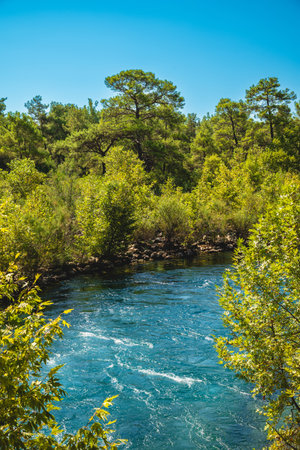 Aerial drone shot of Koprucay river from Koprulu Canyon in Manavgat, Antalya, Turkeyの写真素材
