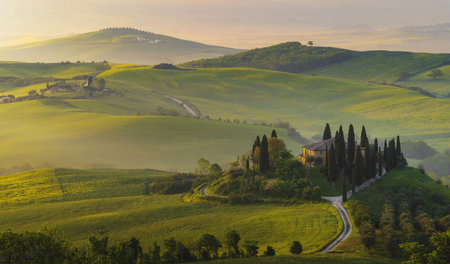 House surrounded by cypress trees among the misty morning sun-drenched hills of the Val d'Orcia valley at sunrise in San Quirico d'Orcia, Tuscany, Italyの写真素材