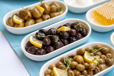 Three different types of olives placed on a traditional Turkish breakfast tableの写真素材