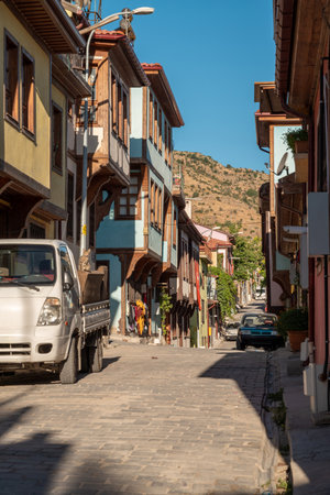 Restored historical Afyonkarahisar houses in various colorsの写真素材