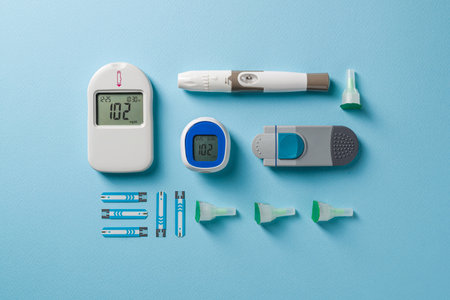 Top view of glucometer, lancet pen and strips on blue background. diabetes test kitの写真素材