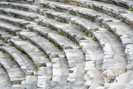 Amphitheater and ornate marble ruins in the ancient city of Side, Antalyaの写真素材