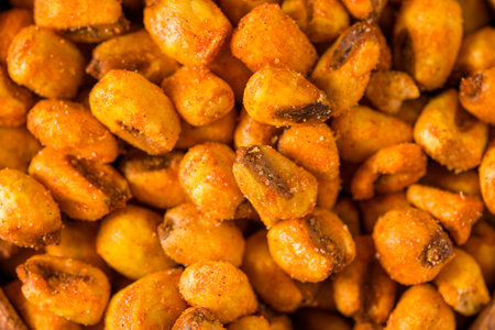 Top view of Corn nuts with sauce. Roasted corn snack food backgroundの写真素材