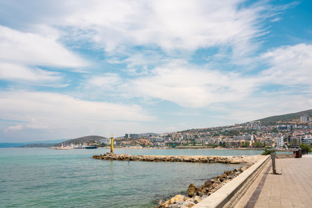 The cruise ship is located on Kusadasi Island in the port of Kusadasi, Turkeyの写真素材