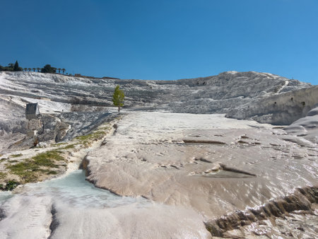 Natural travertine pools and terraces in Pamukkale. Travertines with no water left in their poolsの写真素材