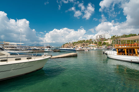 View of the Old Town Antalya Marina and tour boats in Kaleici
