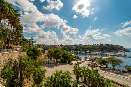 View of the Old Town Antalya Marina and tour boats in Kaleiciの写真素材