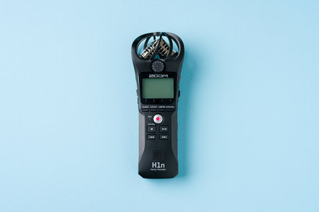 Antalya, Turkey - October 16, 2024: Zoom H1N handy recorder on blue backgroundのeditorial素材