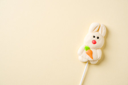 A cute bunny shaped marshmallow lollipop holding an orange carrot, set on a minimalist pastel backgroundの写真素材