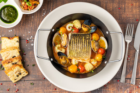 Bouillabaisse seafood stew with fish, mussels, shrimp and squid