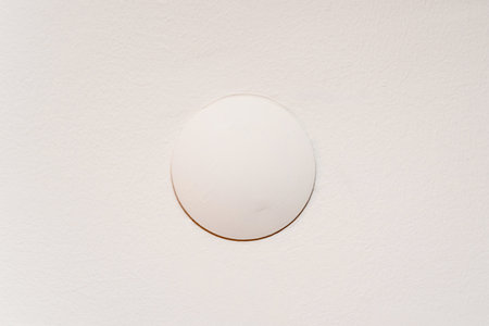 The junction box cover that covers the cables on the cream colored wallの写真素材