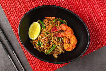 Top view of shrimp Pad Thai with lime in a black bowl