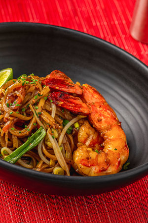 Top view of shrimp Pad Thai with lime in a black bowl