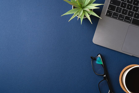 Workspace with keyboard, laptop, office supplies, green leaf and coffee cup. Flat lay, top view blue office deskの写真素材
