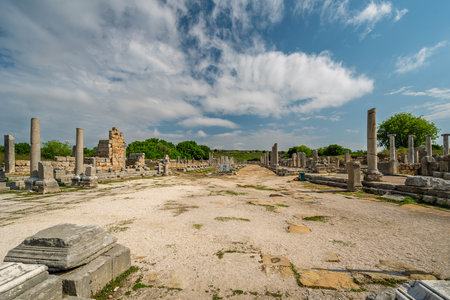 Remains of the columned street in the Perge Ancient City in Antalya, TÃ¼rkiyeの写真素材