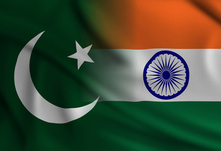 Conceptual image combining the flags of India and Pakistan, symbolizing unity or conflictの写真素材