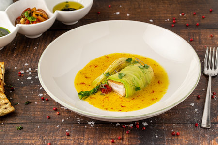 Zucchini-wrapped fish fillet in saffron-infused yellow sauceの写真素材