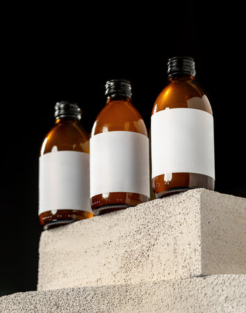 Minimal product photo of amber bottles with blank white labelsの写真素材
