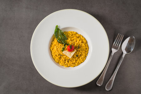 Porcini mushroom risotto on a white porcelain plate on a stone tableの写真素材