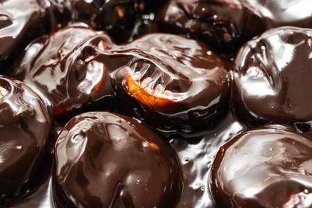 Classic profiteroles coated in rich, glossy dark chocolate sauceの写真素材