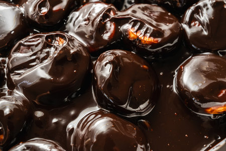 Classic profiteroles coated in rich, glossy dark chocolate sauceの写真素材