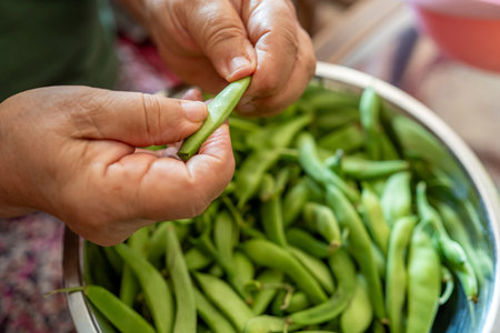 Elderly woman preparing fresh green beans in a kitchen bowlの写真素材