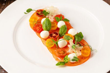 Plated tomato and mozzarella arrangement garnished with basil and herbs