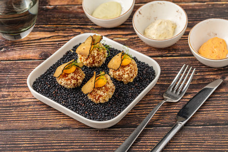 Gourmet quinoa balls with crispy texture and artistic garnishの写真素材