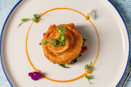 Fried panga fillet with artistic presentation on a white plate