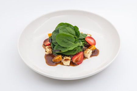 Fresh green salad with lime, strawberries, and nuts servedの写真素材