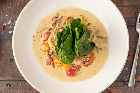 Tender chicken breast in creamy sauce with cherry tomatoes and spinachの写真素材