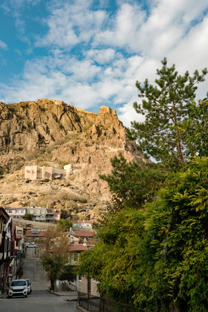 Traditional Afyonkarahisar houses and Afyon Castle in Afyonkarahisar Turkeyの写真素材
