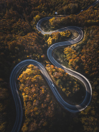 Aerial view of cars driving on the forest road between Domanic and Inegol in autumn, taken with a...