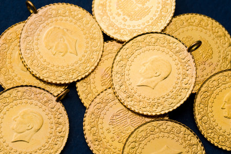 Traditional Turkish half gold coins and bracelets symbolizing wealth and prosperityの写真素材