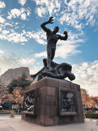 Afyonkarahisar, Turkey - November 10, 2025: Famous Utku (Zafer or Victory) Monument by Heinrich Krippel standing prominently in Afyonkarahisarのeditorial素材