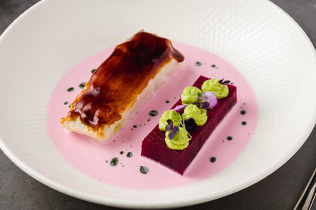 Artistic fine dining dessert plate with modern gourmet presentation